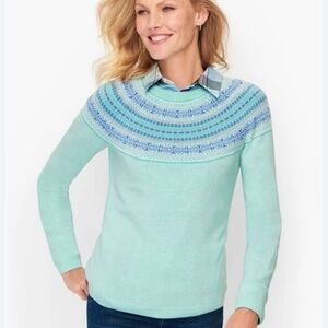 Talbots Plus Fair Isle Light Aqua Blue Crew Neck Wool Blend Preppy Office Large